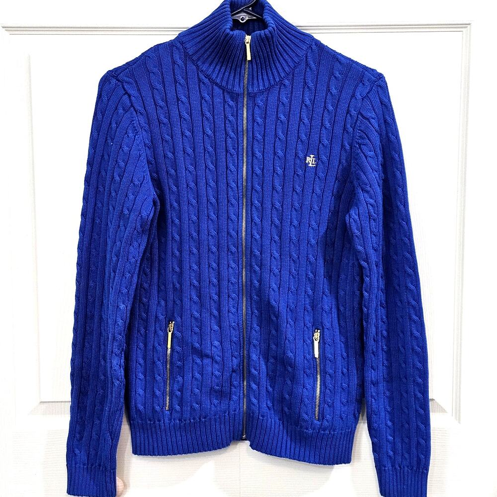 Ralph Lauren Sweater Womens M Full Zip Cableknit Mock Neck Preppy Cotton Blue